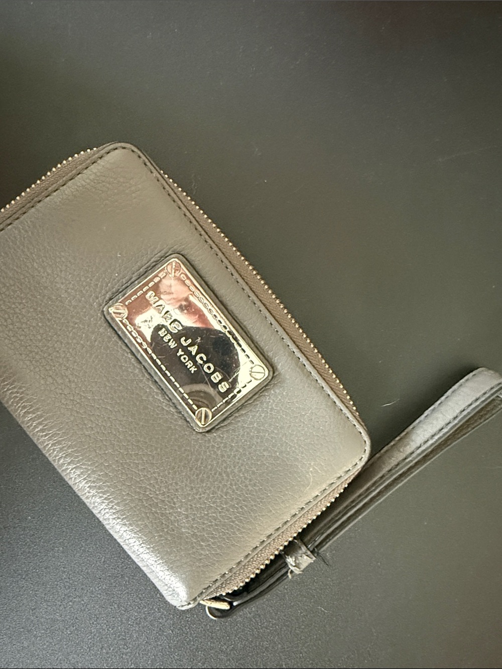 Marc Jacobs Charcoal Leather Wristlet with Logo Plaque